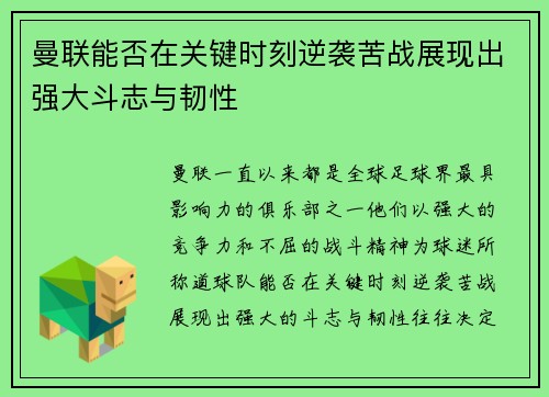 曼联能否在关键时刻逆袭苦战展现出强大斗志与韧性 曼联能否在关键时刻逆袭苦战展现出强大斗志与韧性